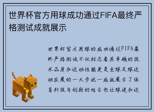 世界杯官方用球成功通过FIFA最终严格测试成就展示 世界杯官方用球成功通过FIFA最终严格测试成就展示
